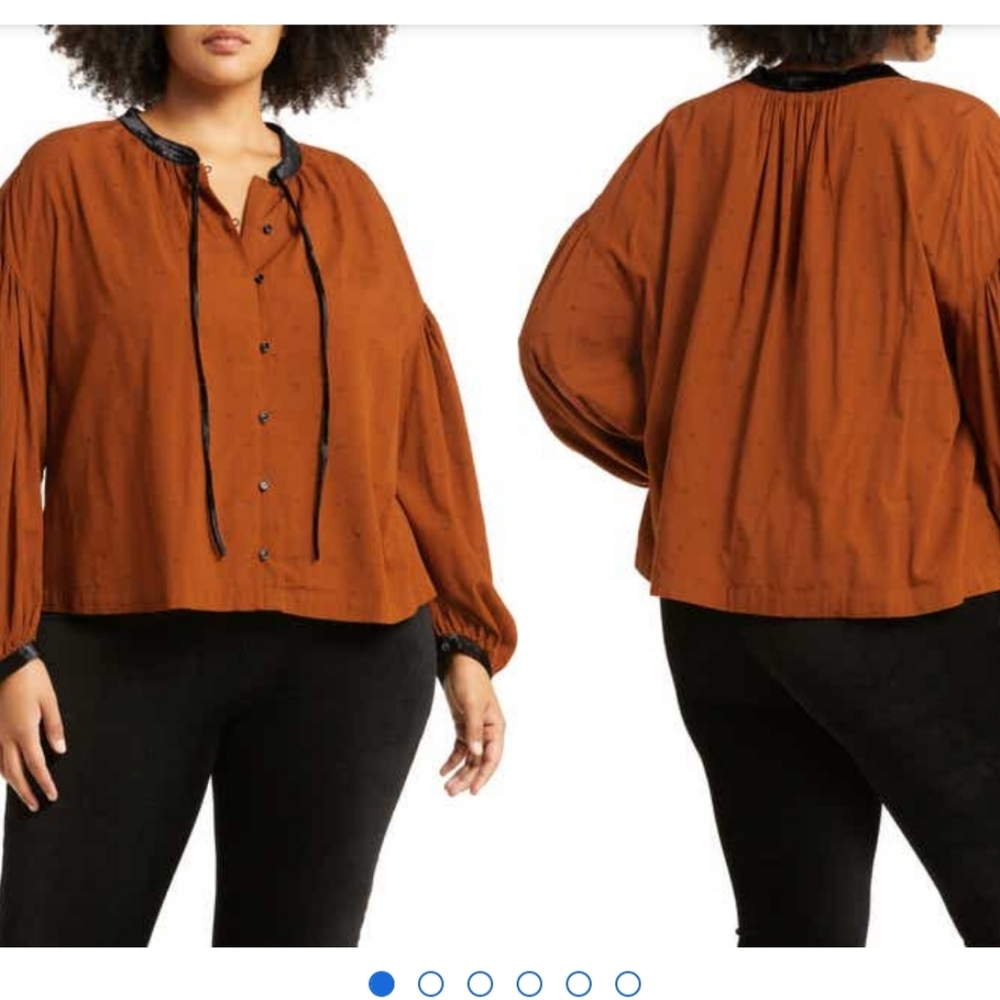 NWT Treasure and Bond 2x - Velvet trimmed blousy tie-neck top NWT